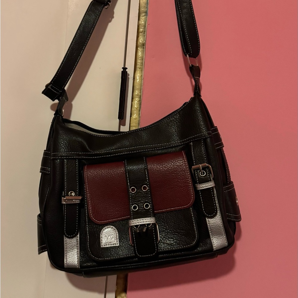 Black womens shoulder bag grunge black and burgundy chain purse